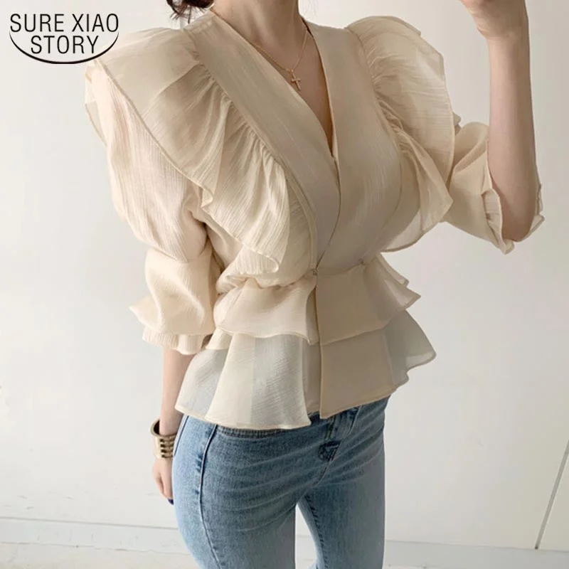 2022 Fashion Woman's Shirt Vintage Female Ruffled Deep V-neck Silk Shirt Waist Hugging Slimming Chiffon Blouse Solid Sweet 10334