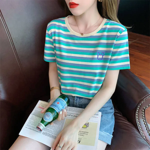 Uveng Uveng Summer New Round Collar Short-Sleeved Women's T-Shirt Embroidery Fashion Korean Version Loose And Versatile Age Reduction Stripes On Clothes Ins