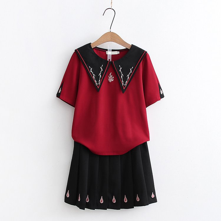 Vintage Embroidery Doll Collar T-Shirt Pleated Skirt Set - Modakawa Modakawa
