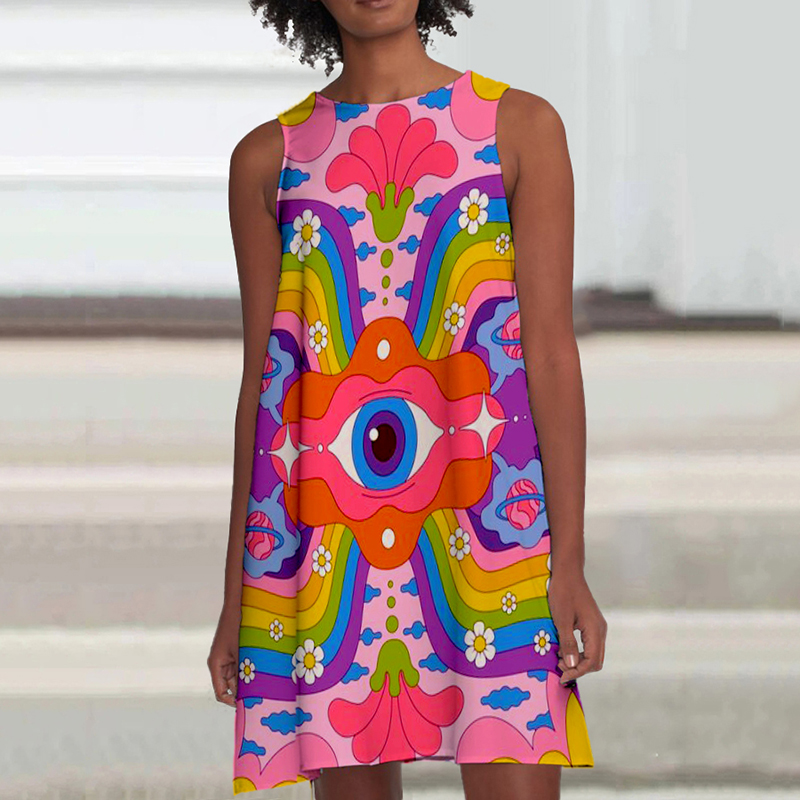 Crew Neck Hippie Print Sleeveless Mini Dress wearshes
