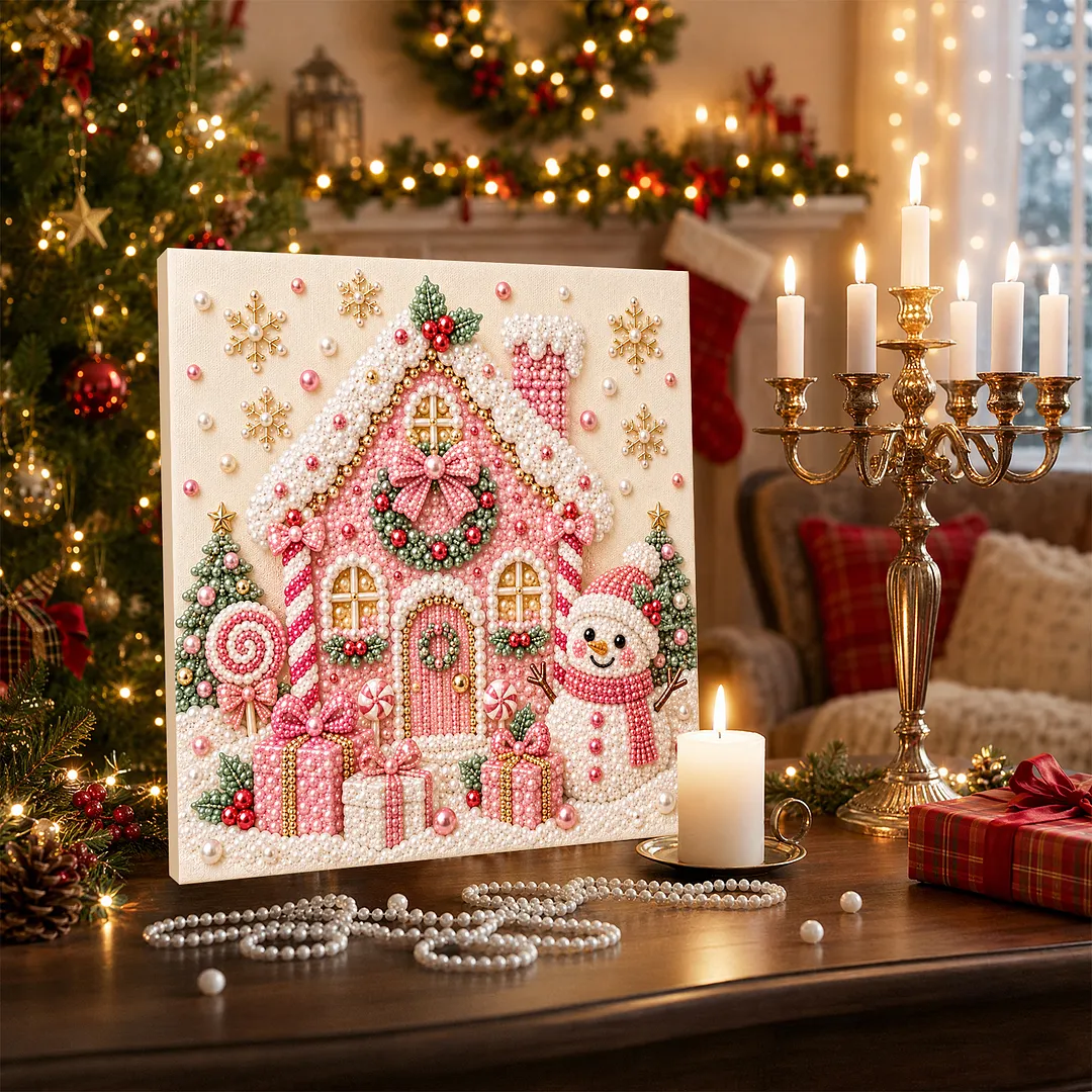 Framed Pearl Painting Kit Christmas Snowman Cottage 7.87x7.87in