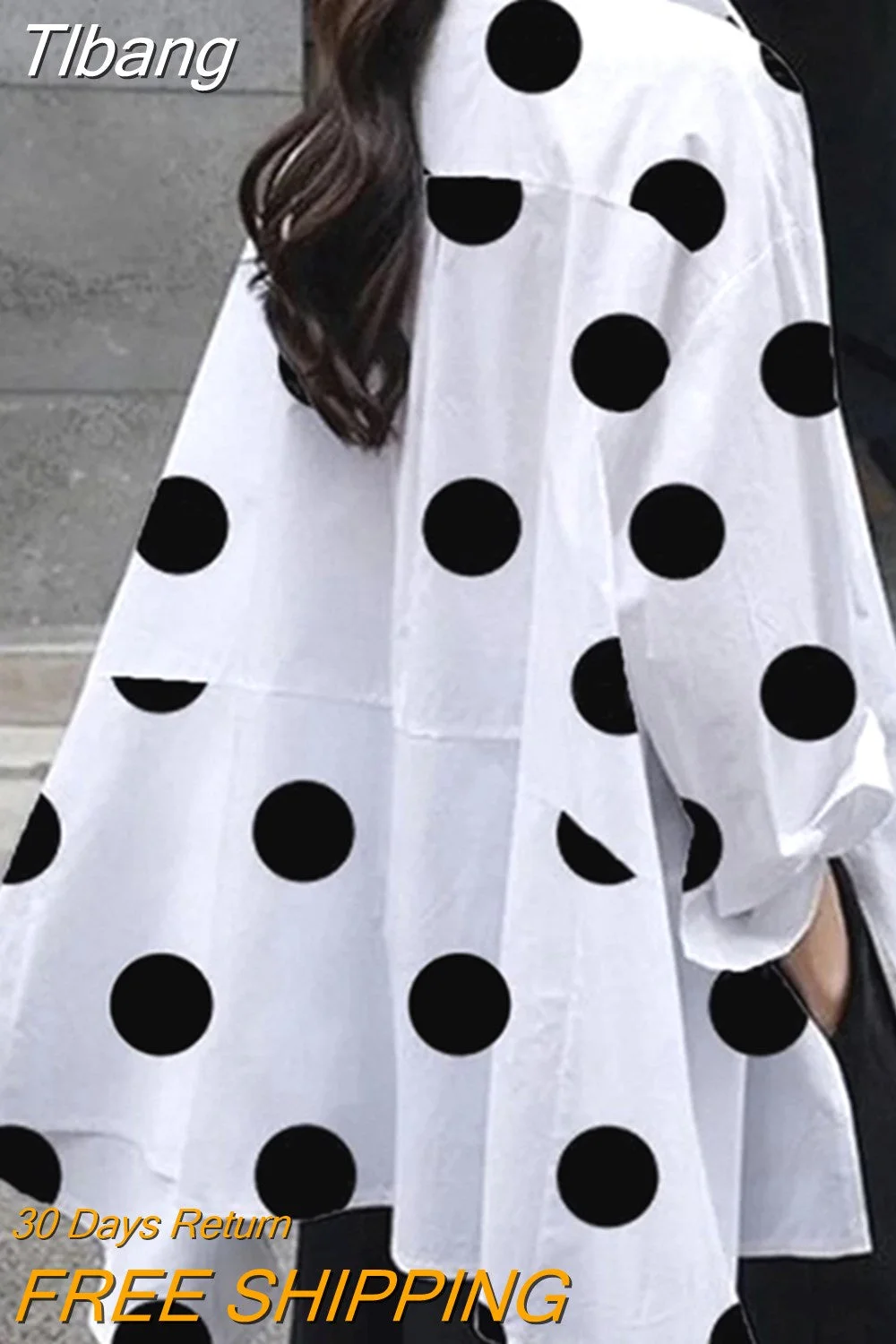 Tlbang Polka-Dot Blouse Split-Side Lapel Long Sleeves Fashion Buttoned High-Low Casual Simple Office Lady Shirts For Women 2023
