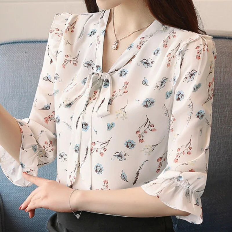 Jangj Tie Floral White Chiffon Shirt Lotus Leaf Sleeves V-neck Blouse 2022 Spring Summer Elegant Shirt Short Sleeve Casual Blouse