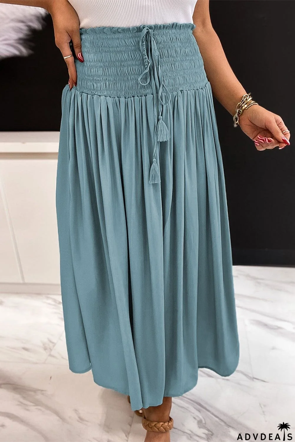Drawstring Smocked High Waist A-line Skirt