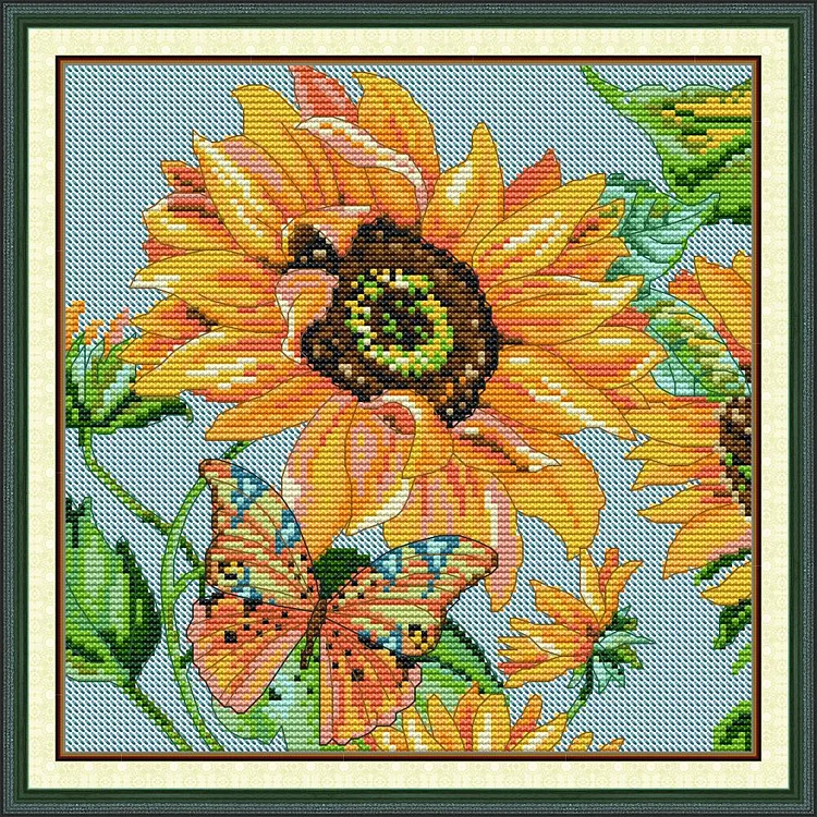Joy Sunday-Sunflower And Butterfly- 14CT - 2 Strands Threads Printed cross stitch - 27*27cm(Canvas)