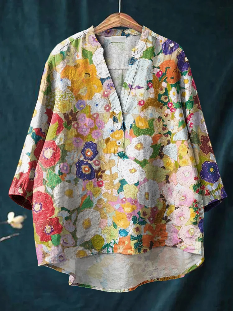 Women's Beautiful Colorful Floral Painting Art Print Casual Cotton And Linen Ruffle Shirt