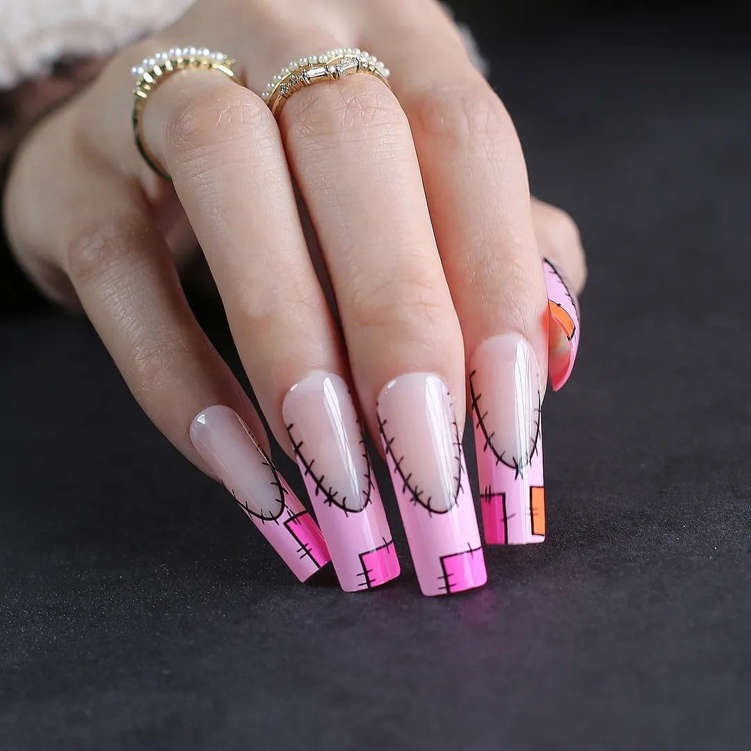 Pink Blue Extra long rectangular False nails clear rainbow glitter ombre High quality gel square Fake nails Home salon nails-Nail Inspo