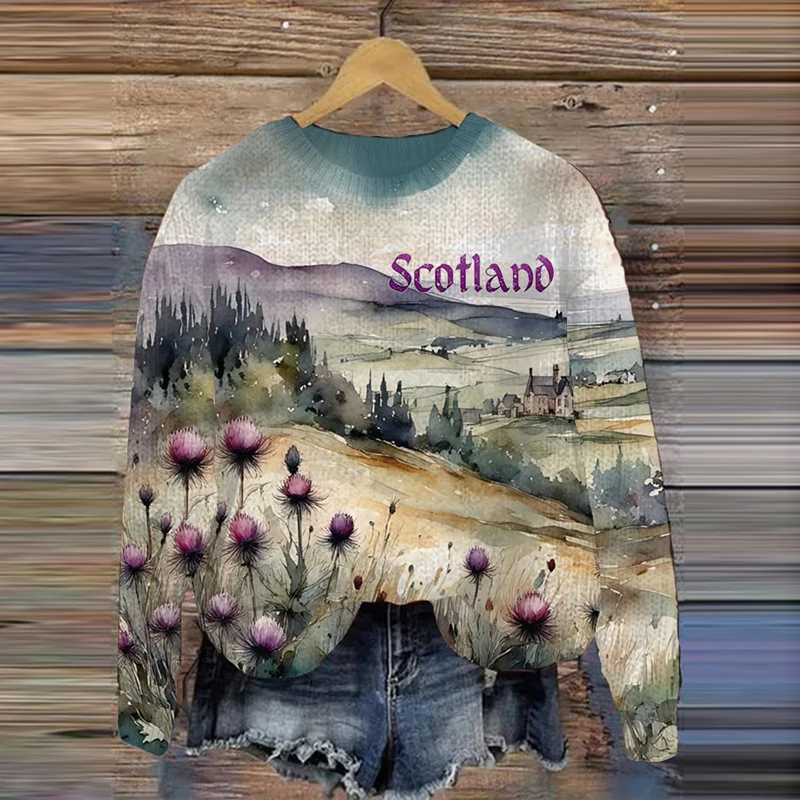 Women's Watercolor Scottish Thistle Cozy Knit Sweater
