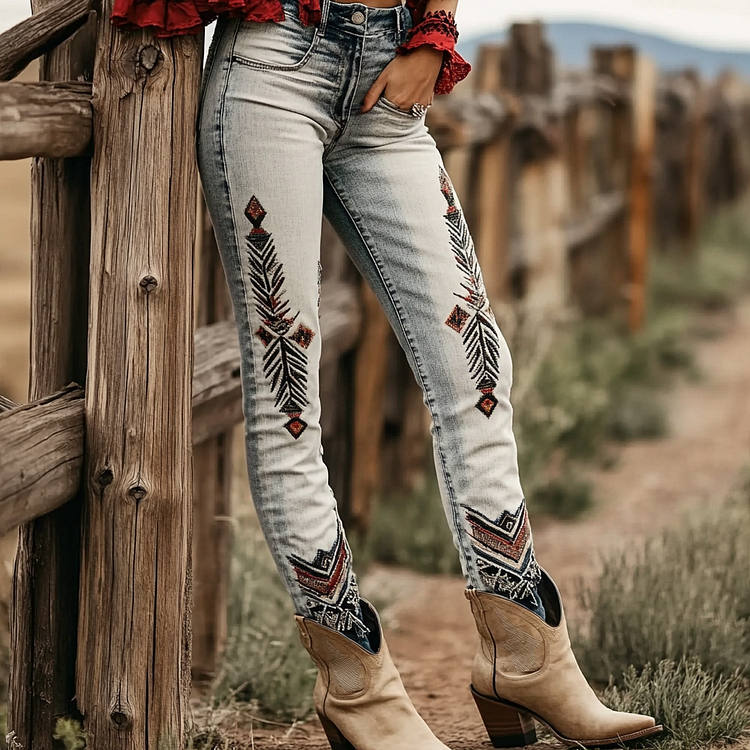 Western Vintage Style Faux Denim Aztec Print Women's Casual Pants