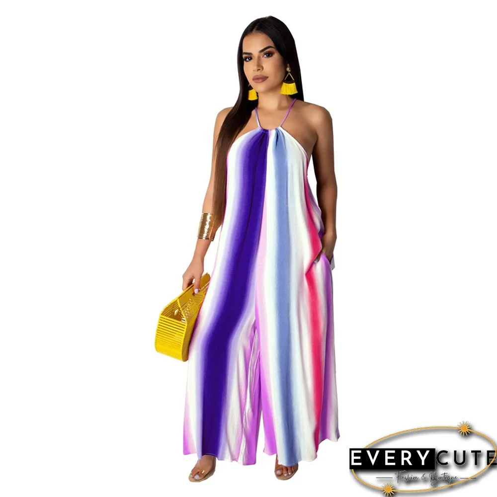 Purple Stripes Halter Wide Leg Jumpsuit