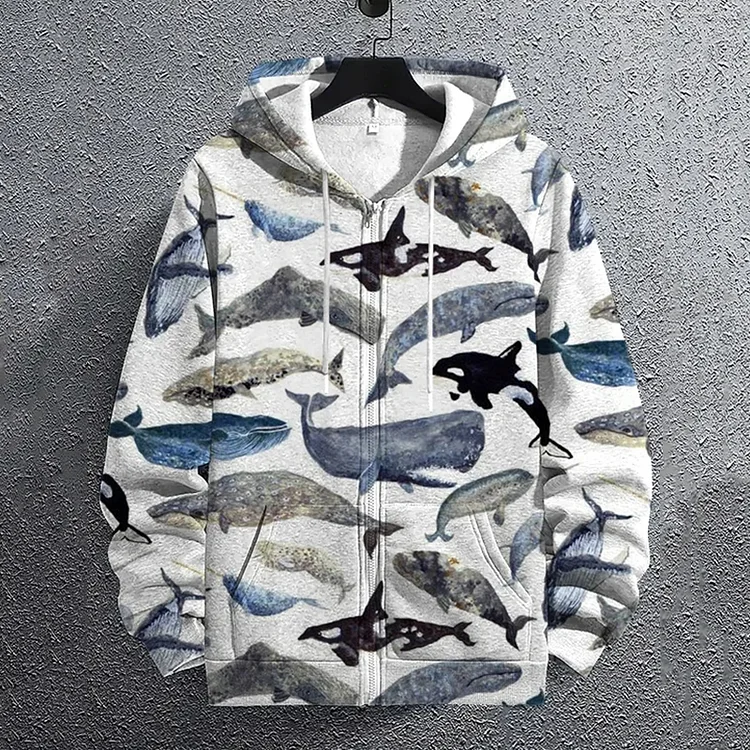 Men's Species Of Whale Watercolor Art Print Hooded Zip Up Jacket