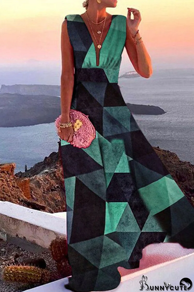 Green Fashion Print Patchwork V Neck Straight Dresses