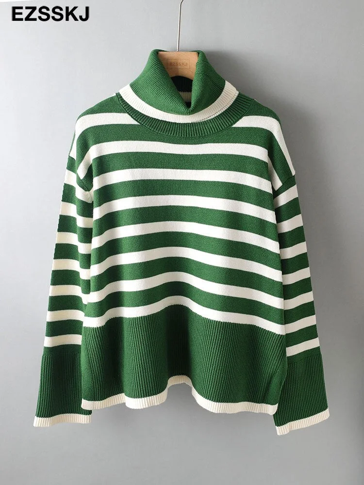 2021 striped oversize Turtleneck Sweater for Women female Knitted casual split side Long Sleeve loose sweater