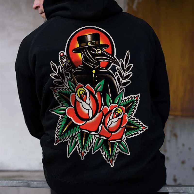 Crow Print Floral Trendy Streetwear Men’s Hoodie - Krazyskull