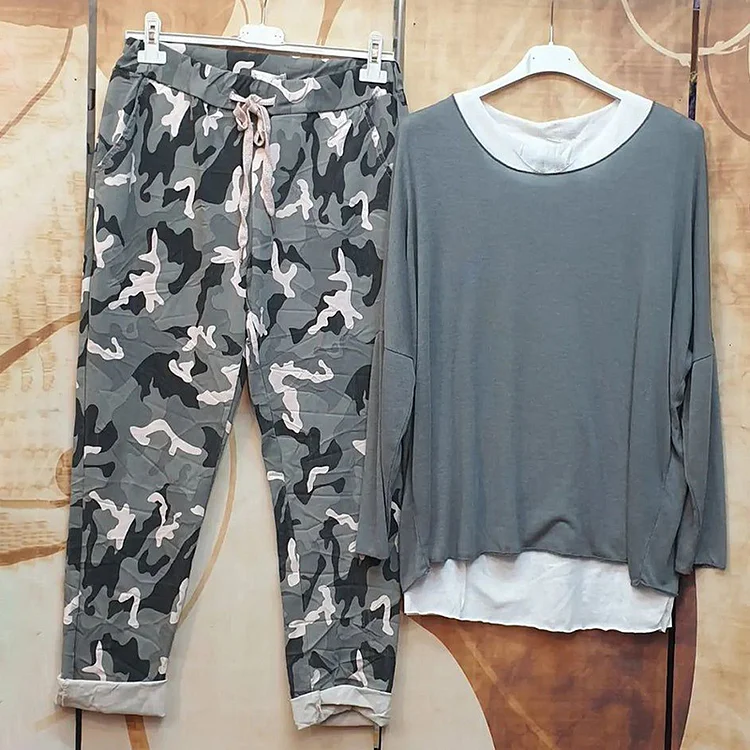Camouflage Fake Two Piece T-Shirt Casual Two Piece Set