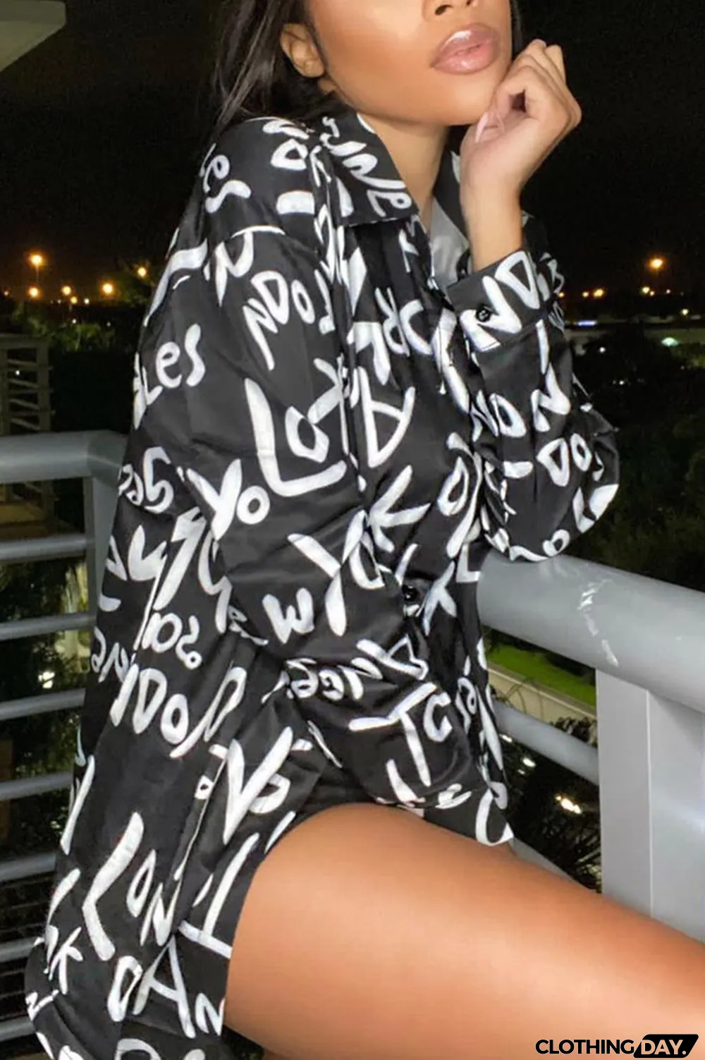 Black Fashion Casual Print Basic Turndown Collar Tops