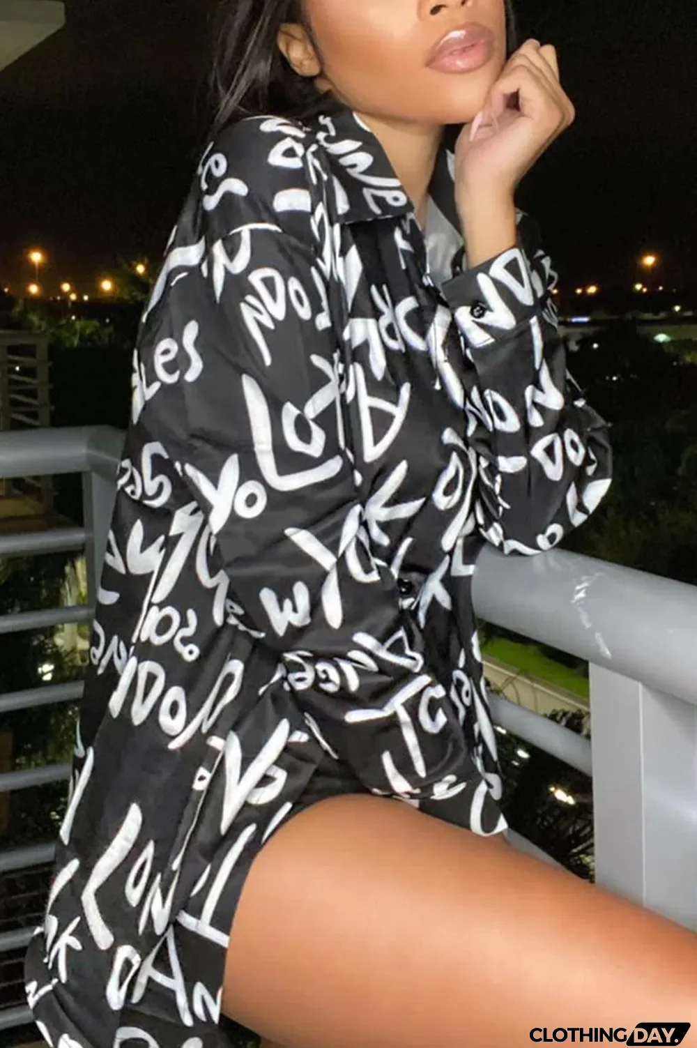 Black Fashion Casual Print Basic Turndown Collar Tops