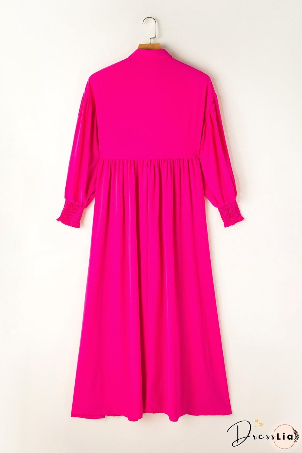 Elegant Rose Balloon Sleeve Maxi Shirt Dress