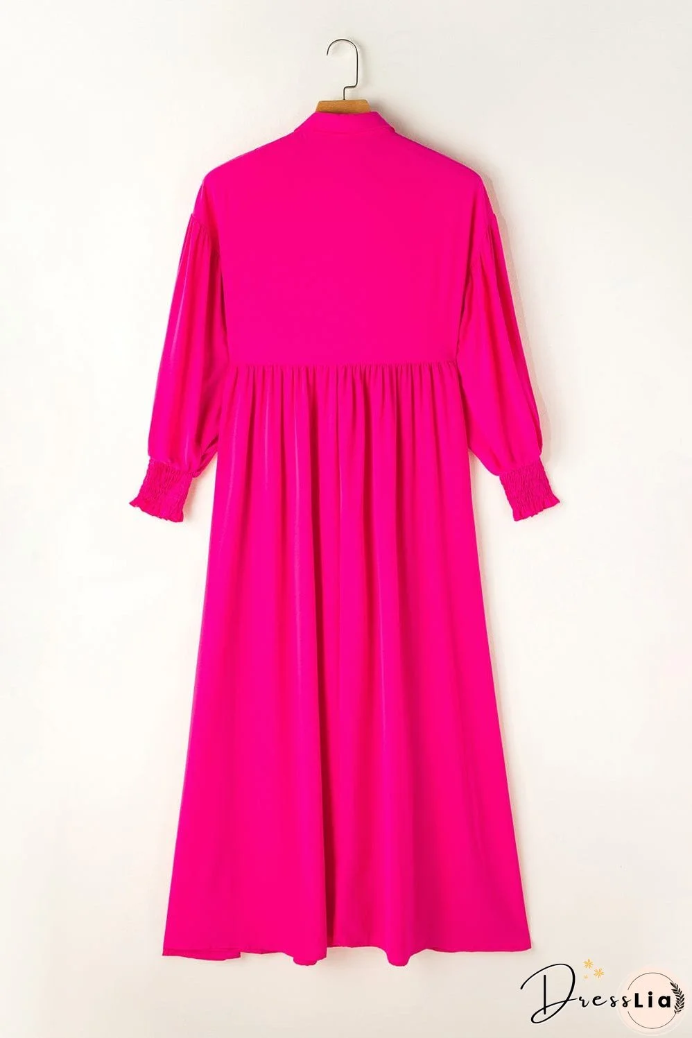 Elegant Rose Balloon Sleeve Maxi Shirt Dress