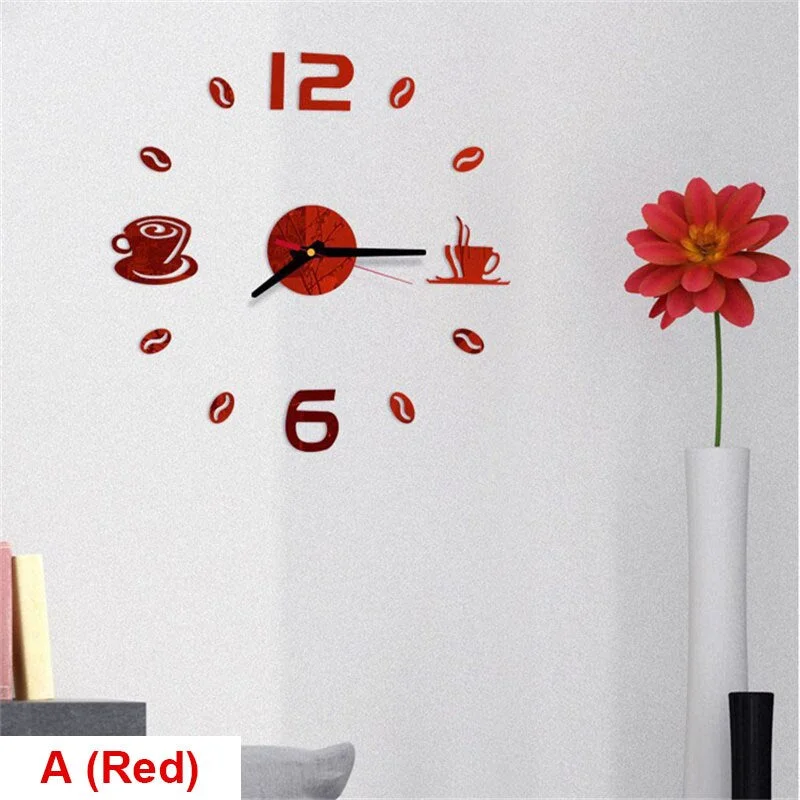 20 Inch Wall Clock Modern Design Round Style Number Coffee Tea Cup Acrylic Wall Clock Stickers for DIY Home Living Room Decors
