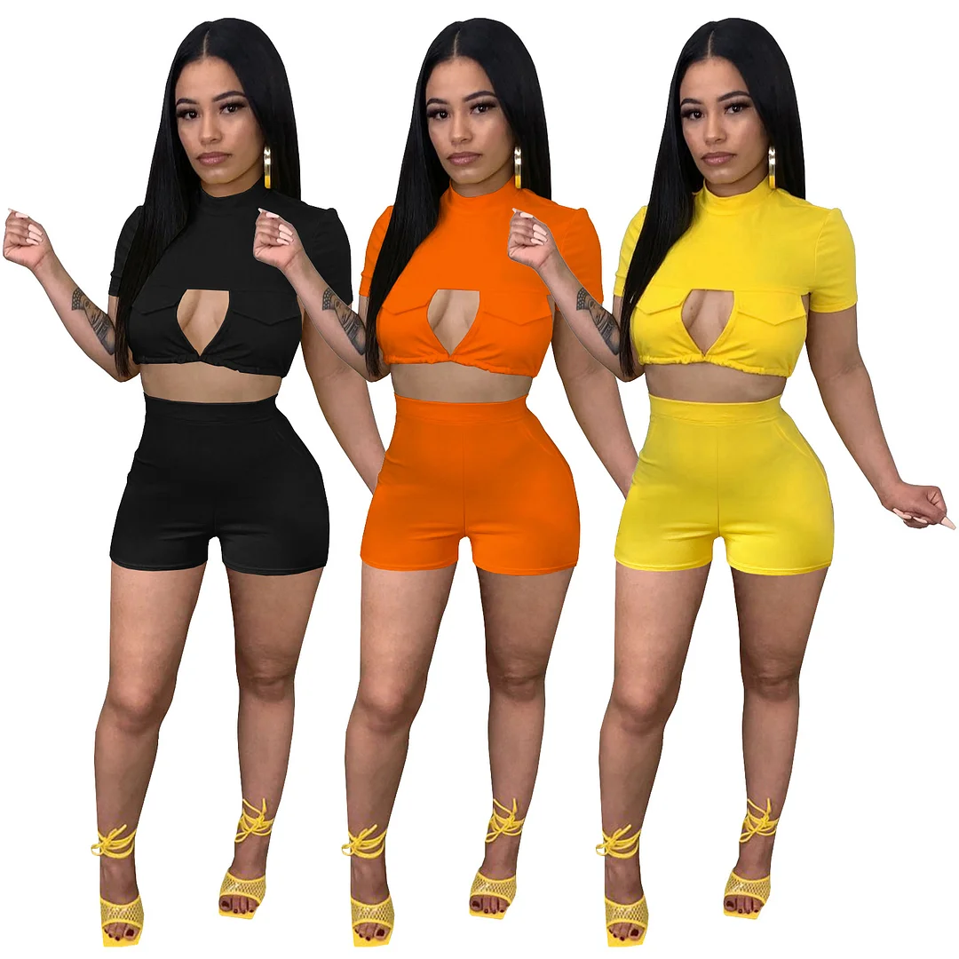 Round Neck Cutout Open Back Drawstring High Waist Two-piece Set | IFYHOME