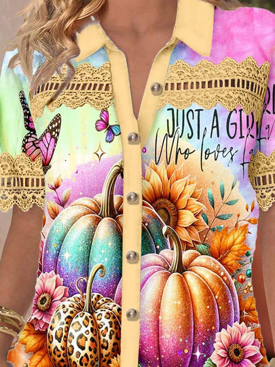 Women Short Sleeve V-neck Pumpkin Printed Graphic Lace Hollow Stitching Button Tops