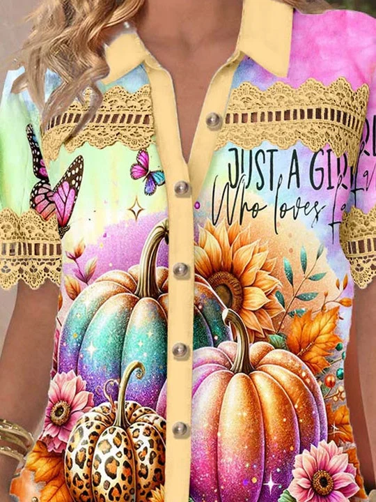 Women Short Sleeve V-neck Pumpkin Printed Graphic Lace Hollow Stitching Button Tops