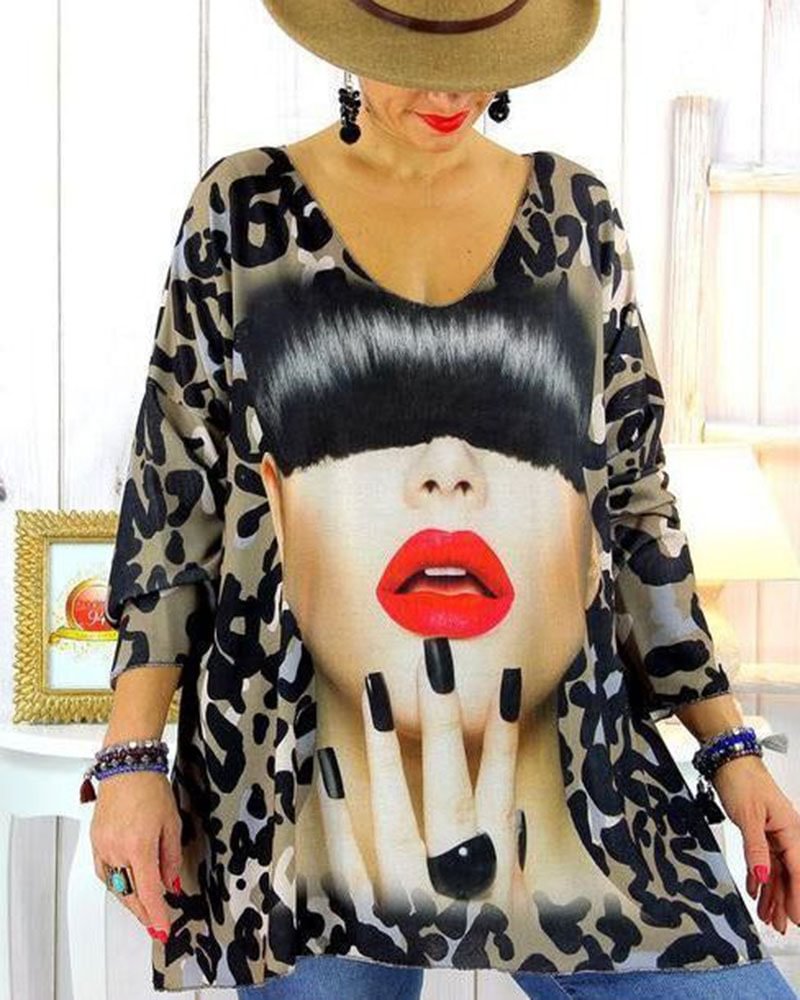 Women's Casual Loose Print Long Sleeve Top-0929-08