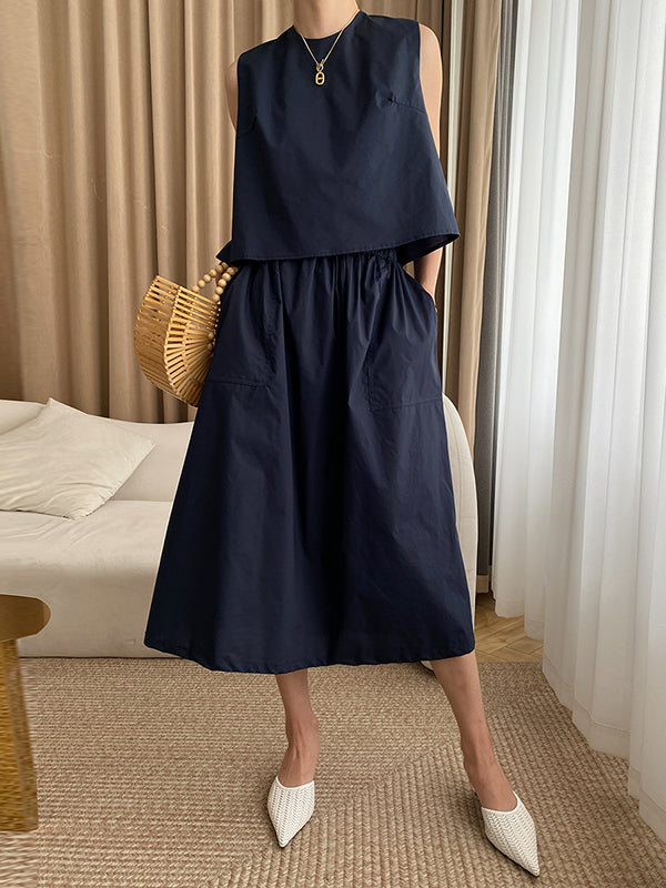 French Blue Print Tops And Skirts Cotton Two Pieces Set Fall AJ1023
