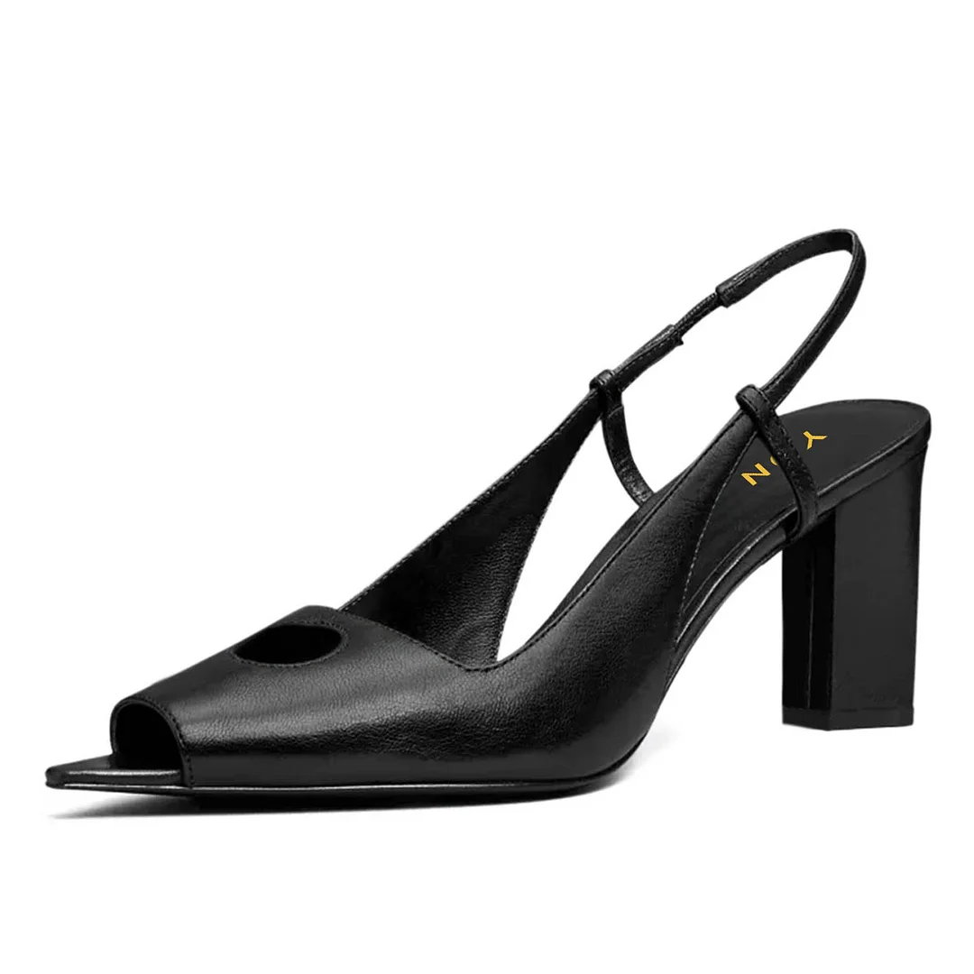 YDN Simple Vegan Leather Peep Toe Slingback Black Heels Sandals