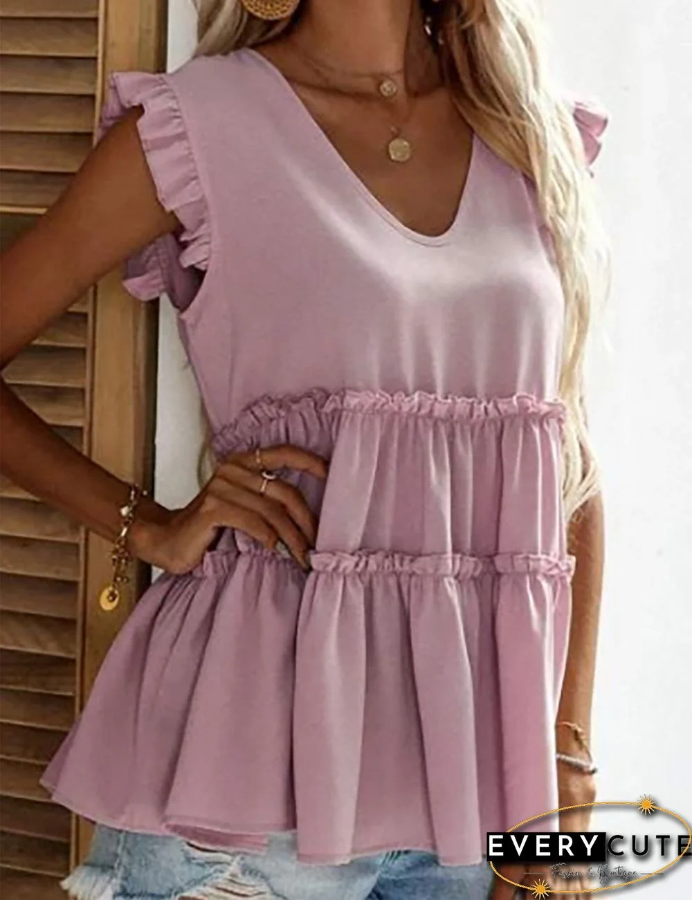 Light Pink V Neck Ruffles Sleeveless Tank Top