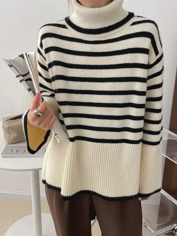 Contrasting Striped Turtleneck Sweater Women