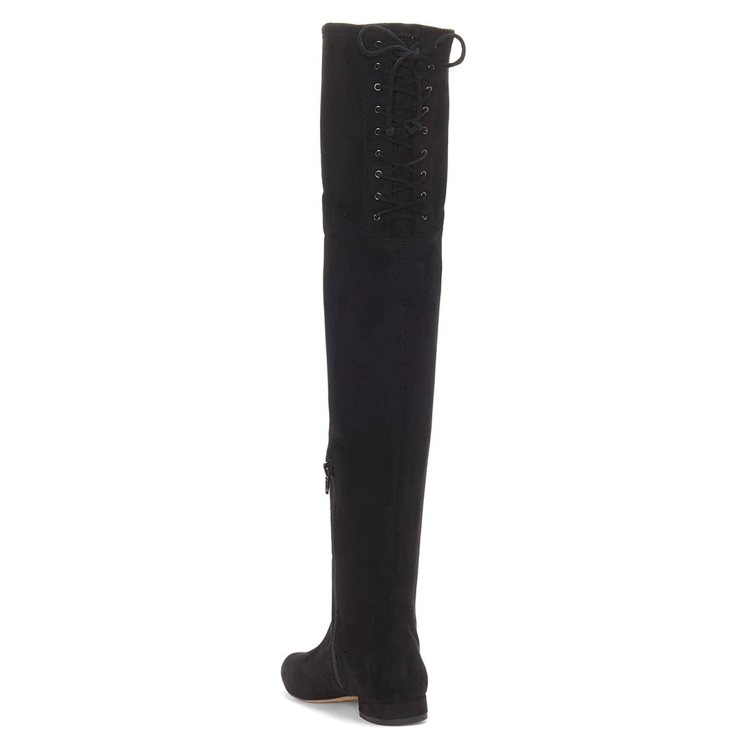 Tie Styling Vegan Suede Round Toe Block Heel Thigh High Boots in Black
