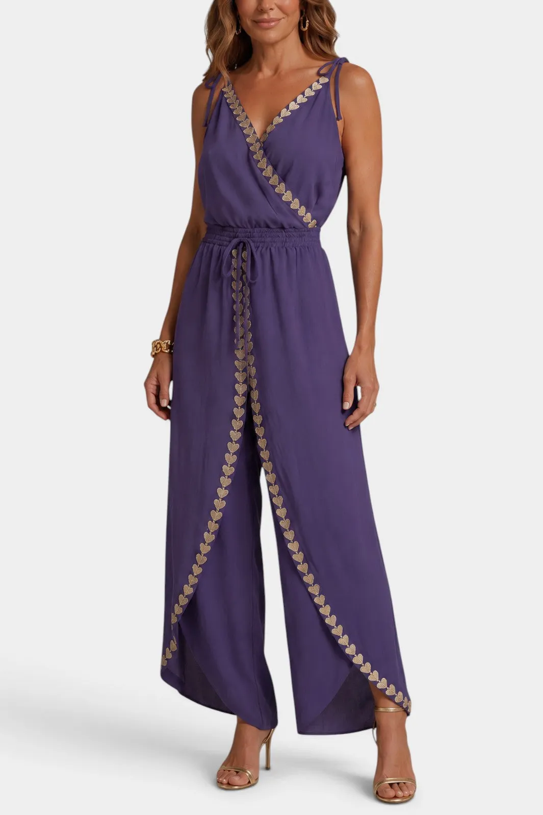 Wrap-Front Jumpsuit with Heart-Patterned Trim and Wrap-Style Legs