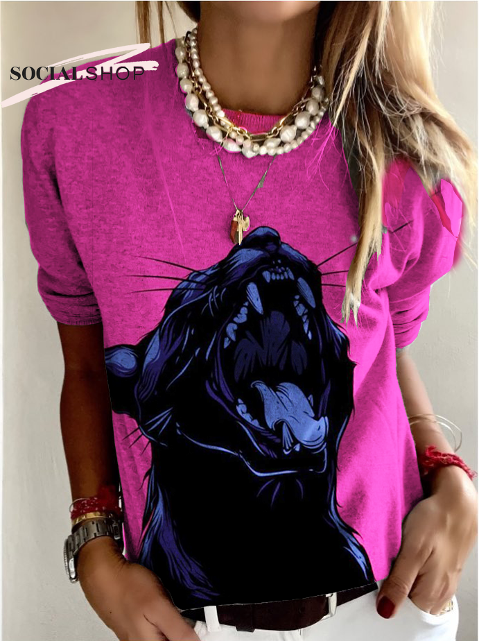 Pink Cheetah Rock Design Round Neck Long Sleeve Top socialshop