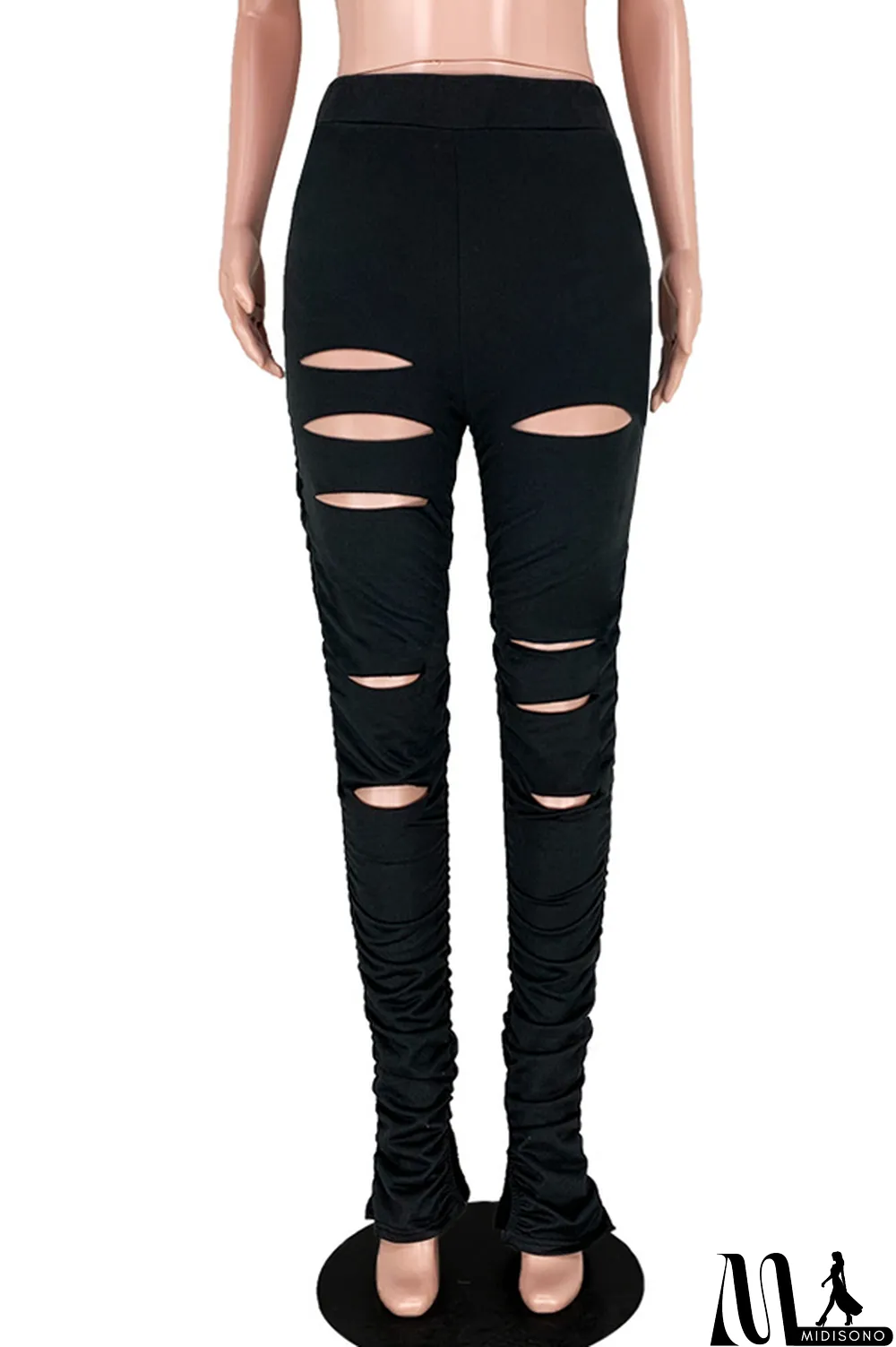 MidiSono - Black Polyester Drawstring Sleeveless Mid Patchwork Split Solid Hole Boot Cut Pants