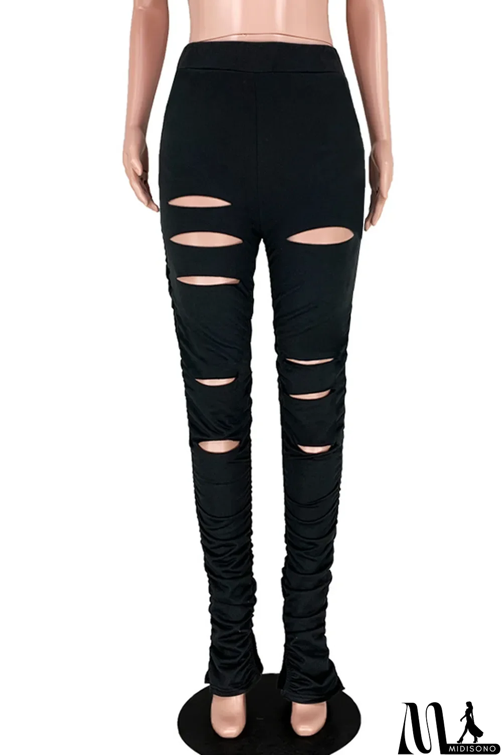MidiSono - Black Polyester Drawstring Sleeveless Mid Patchwork Split Solid Hole Boot Cut Pants