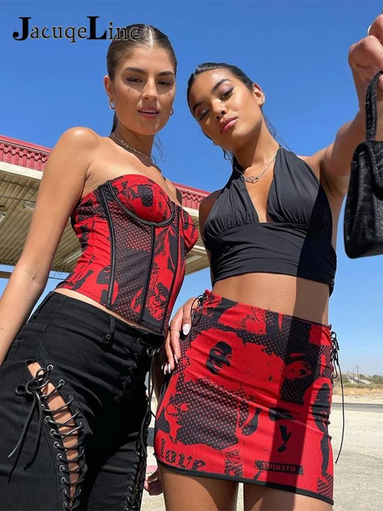 Jacuqeline 2022 Bangage Sexy Tube Top and Graphic Mini Skirts Set Women 2 Piece Outfit Club Fashion co ord Gothic Y2K Dress Sets