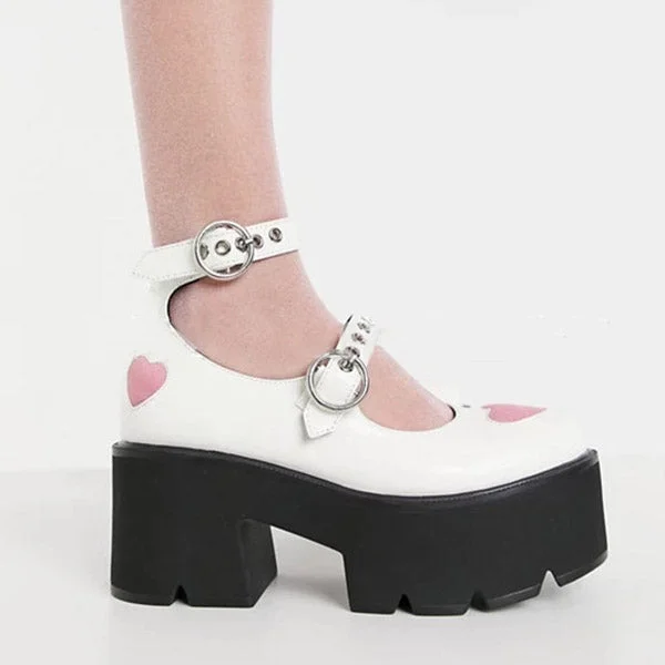 HUXM Patent Pink Heart Double Buckle Platform Mary Jane Shoes