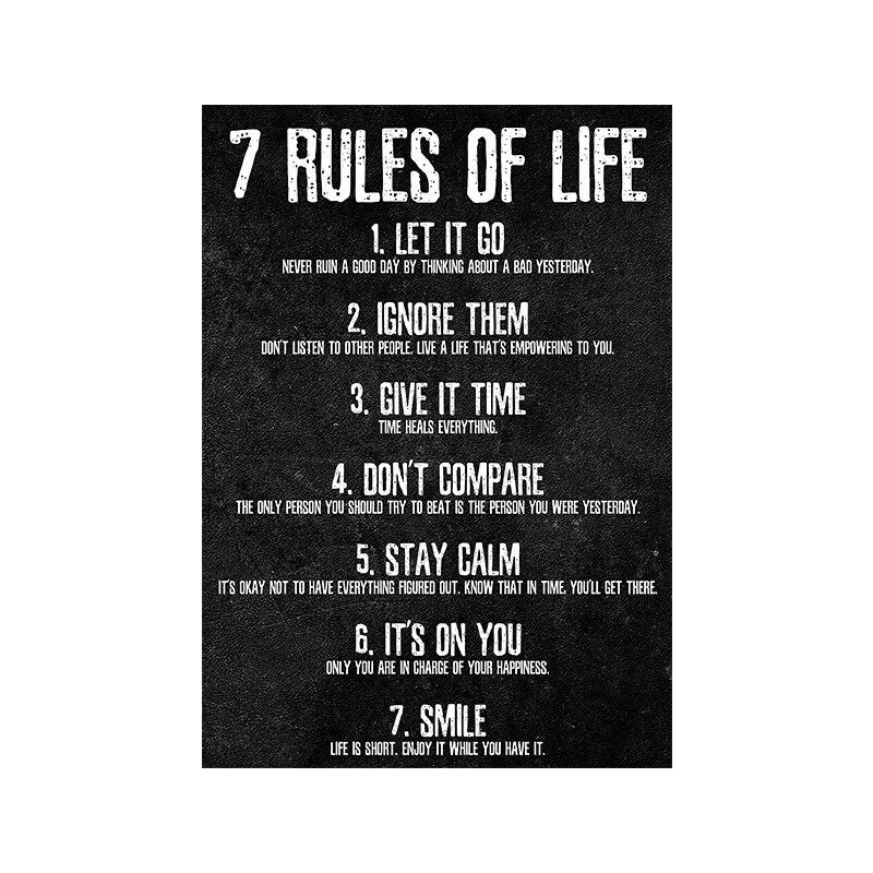 Black and White Text 7 Rules of Life Inspirational Canvas Poster Office Classroom Bedroom Frameless Painting Canvas Art Wall