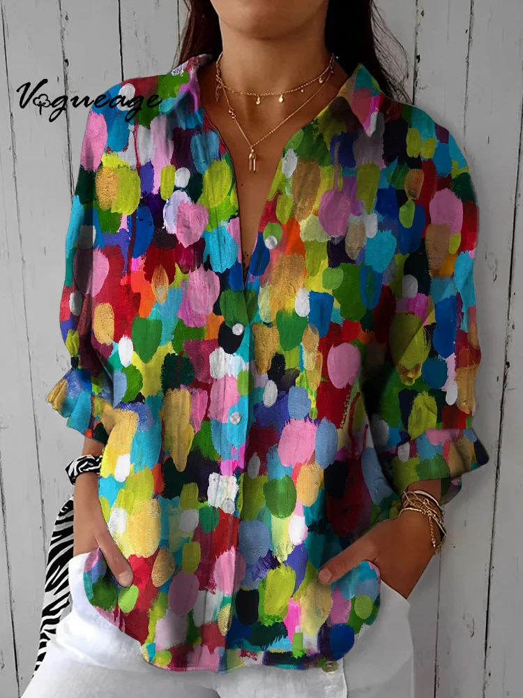Brilliant Colorful Speckled Printed Three-Quarter Sleeves Cotton And Linen Shirt