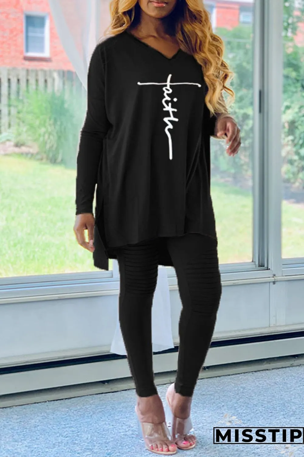Red Casual Print Patchwork Asymmetrical V Neck Long Sleeve Two Pieces