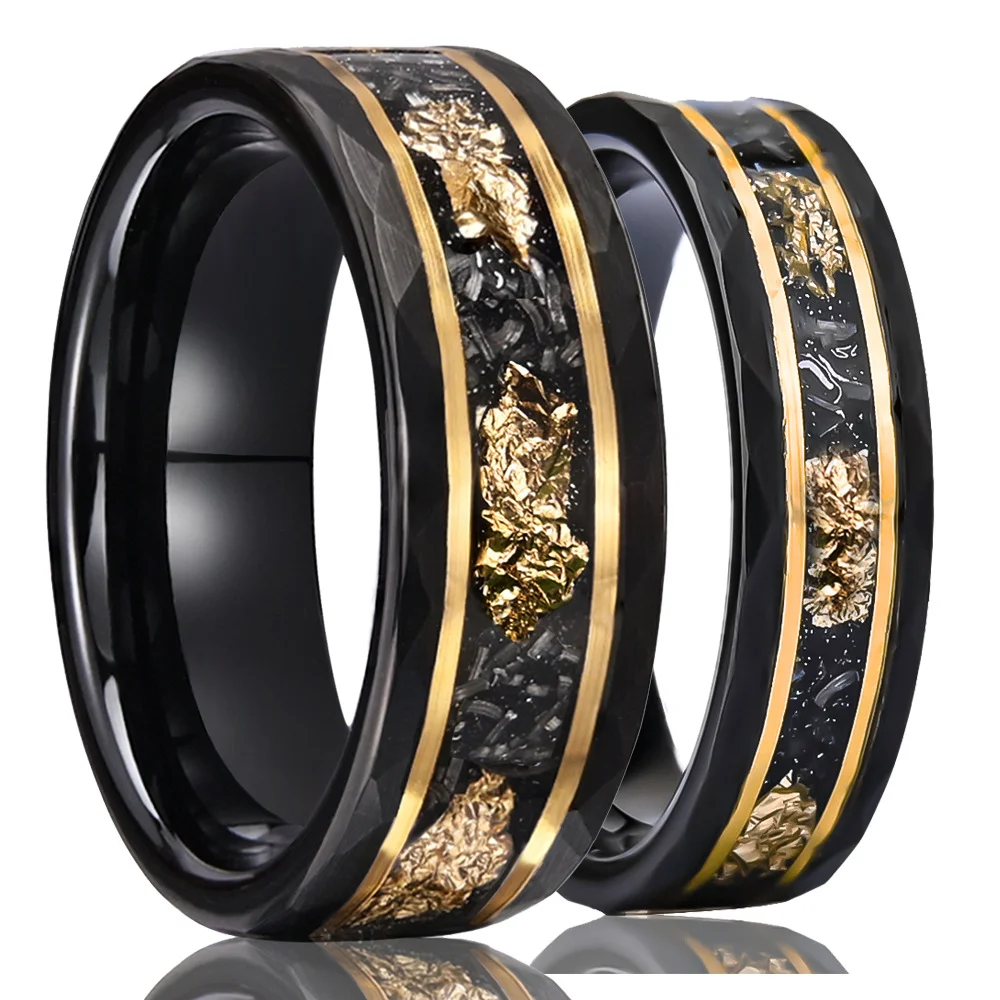 6MM 8MM Tungsten Carbide Wedding Rings Meteorite-set Gold Plate Flat Hammered Electrode Black Ring For Women And Men