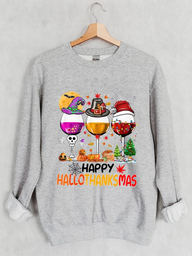 Women Happy Hallothanksmas Wine Print Sweatshirt