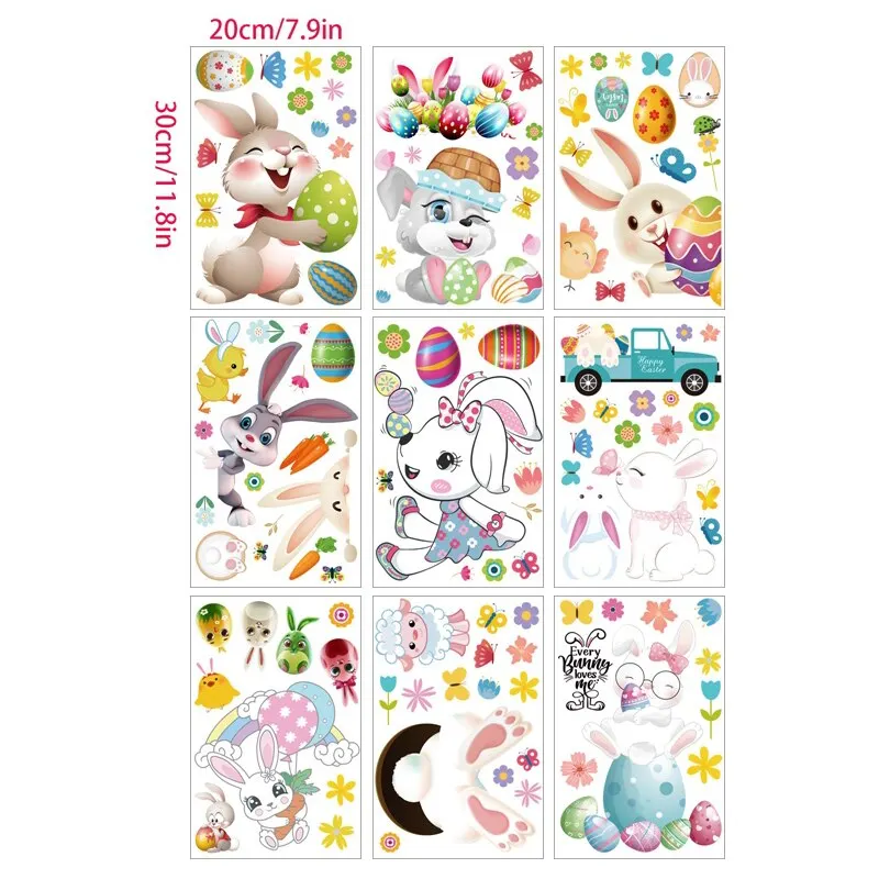 9Sheets Easter Window Stickers Cartoon Rabbit Egg Wall Sticker Fridge DIY Decal Happy Easter Party Decorations for Home 2022