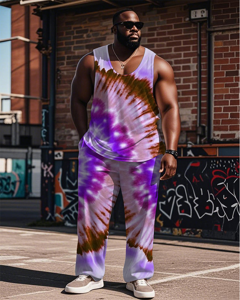 Men's Plus Size Street Fashion Purple Tie Dye Printed Vest Trousers Suit