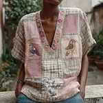 Retro Japanese Patchwork Floral Bird Art Cherry Blossom Linen V-neck Short-sleeved Top - Image 2