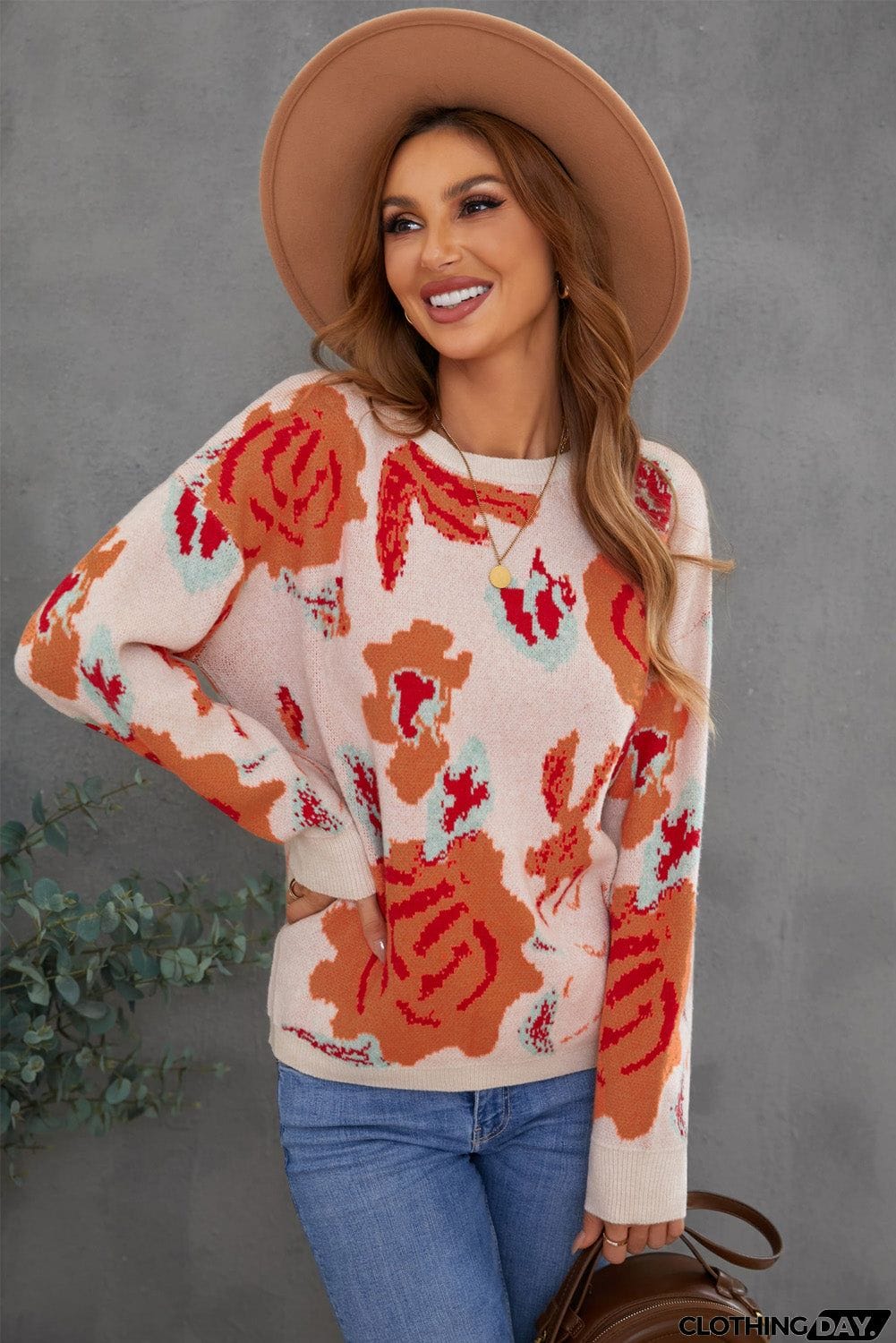 Floral Pattern Drop Shoulder Crew Neck Sweater