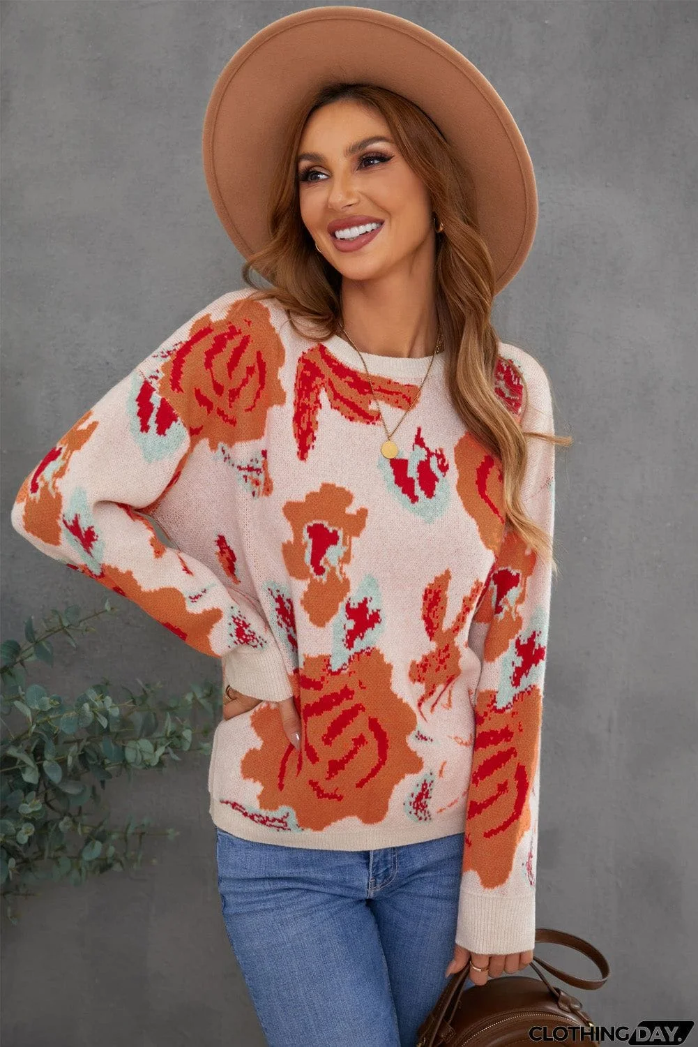 Floral Pattern Drop Shoulder Crew Neck Sweater