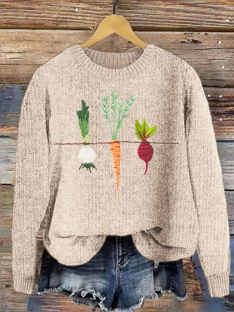 VChics Vegetable Embroidery Crew Neck Sweater